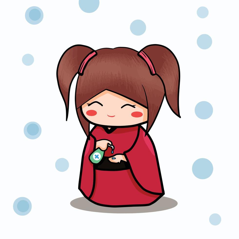 little kids cleaning her hands with hands sanitazer vector