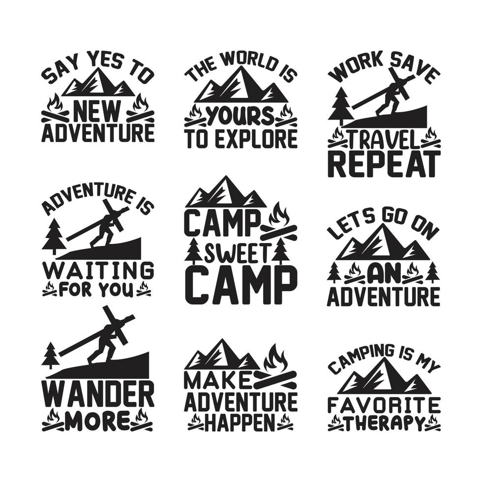 aventura, camping, viaje, tipografía, camiseta, diseño, vector, conjunto vector