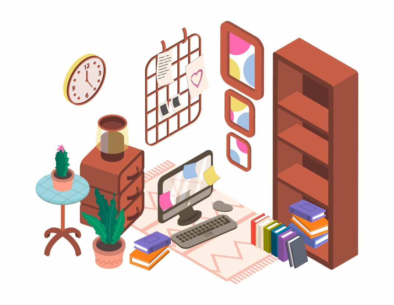 Vector illustration isometric set of items. Interior with furniture and household items. All objects are isolated
