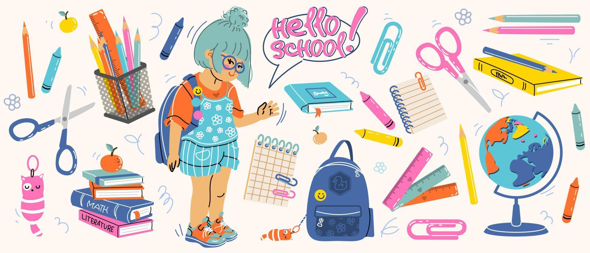 Big set of school supplies. Hello school lettering. Little cute girl is going to study. Children's subjects for study. Vector illustration in a flat style on a white background