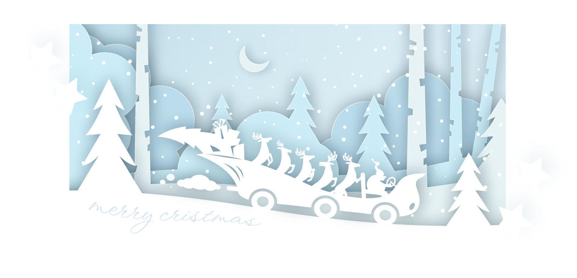 Merry christmas card of santa claus sleigh with reindeer in snowy forest. Greeting postcard in paper cut craft style. Vector hand drawn illustration