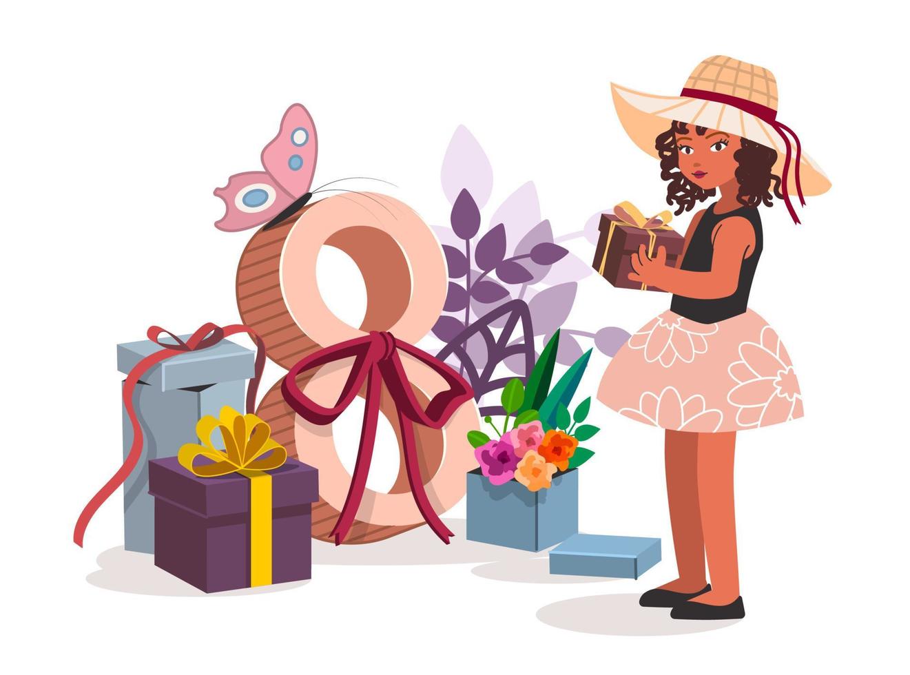 linda niña con regalos. ilustración vectorial del día internacional de la  mujer el 8 de marzo
