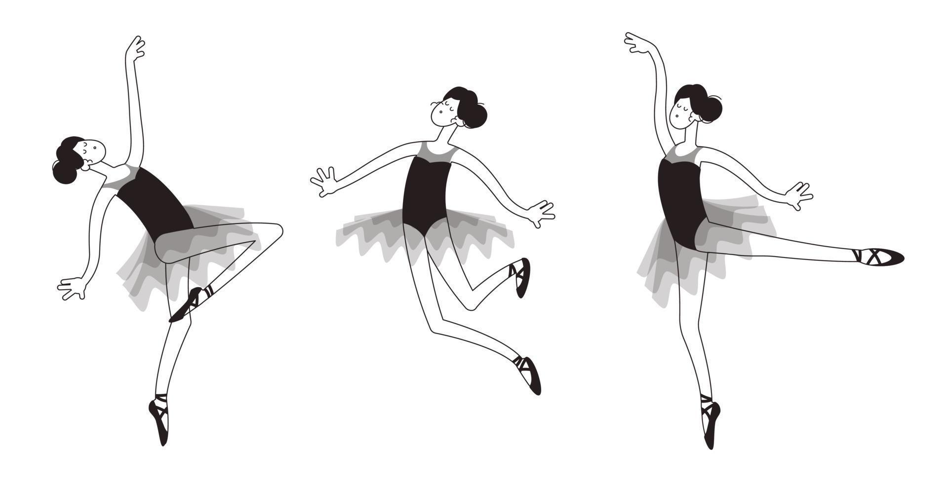 seth bailando bailarina en un tutú de ballet en diferentes poses. Ilustración de vector de contorno blanco y negro en estilo doodle de dibujos animados