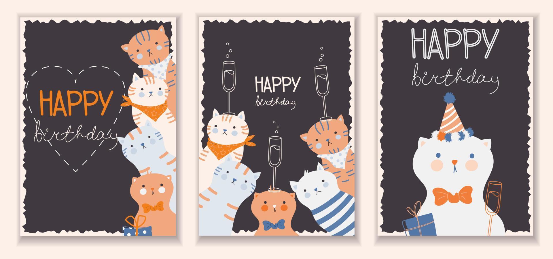 Set of stylish cards with funny cute cats with gifts. Happy birthday lettering. Greeting card in flat design with animals. Vector illustration. All objects are isolated