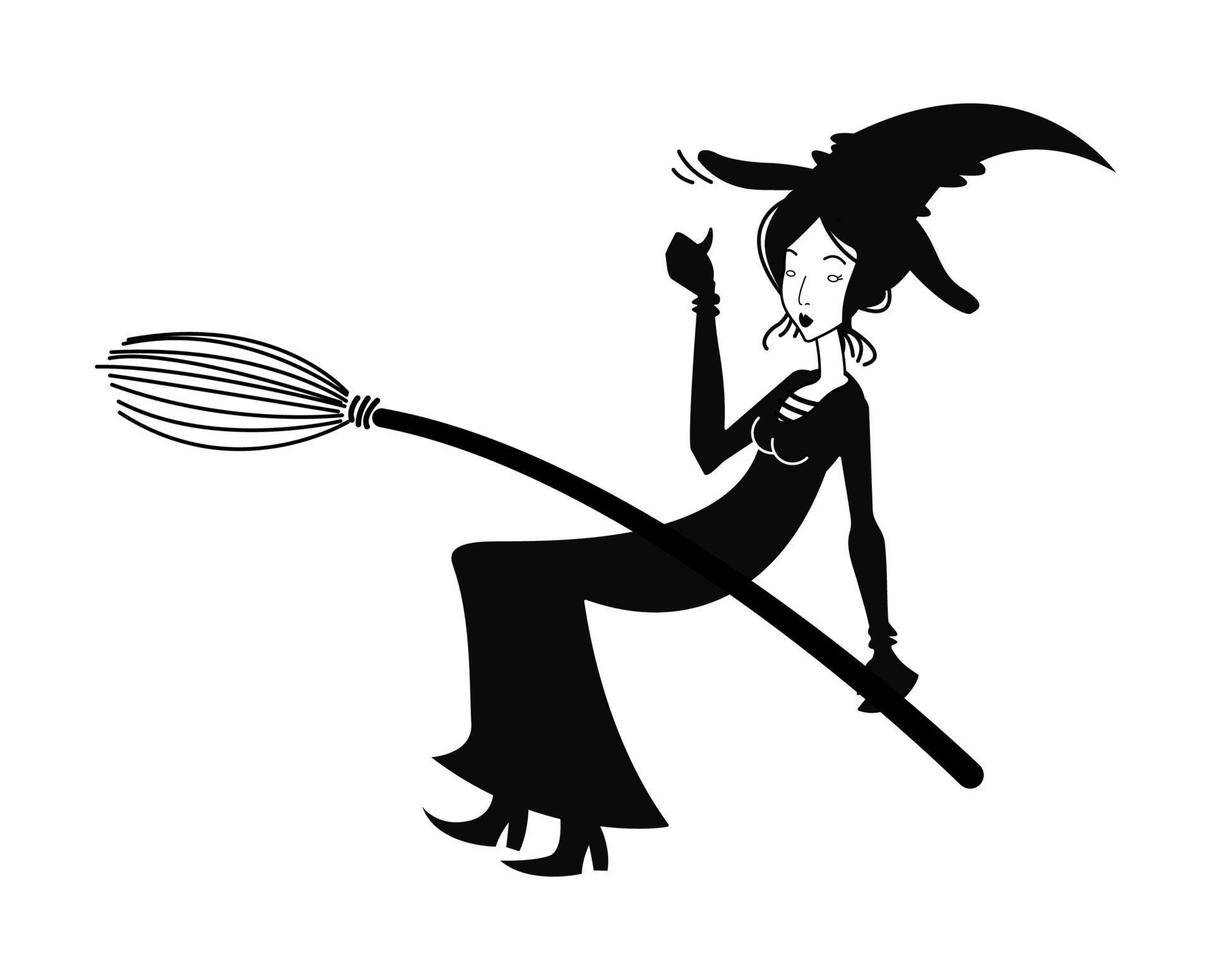 Witch on a broomstick outline. Black and white hand drawn doodle illustration vector