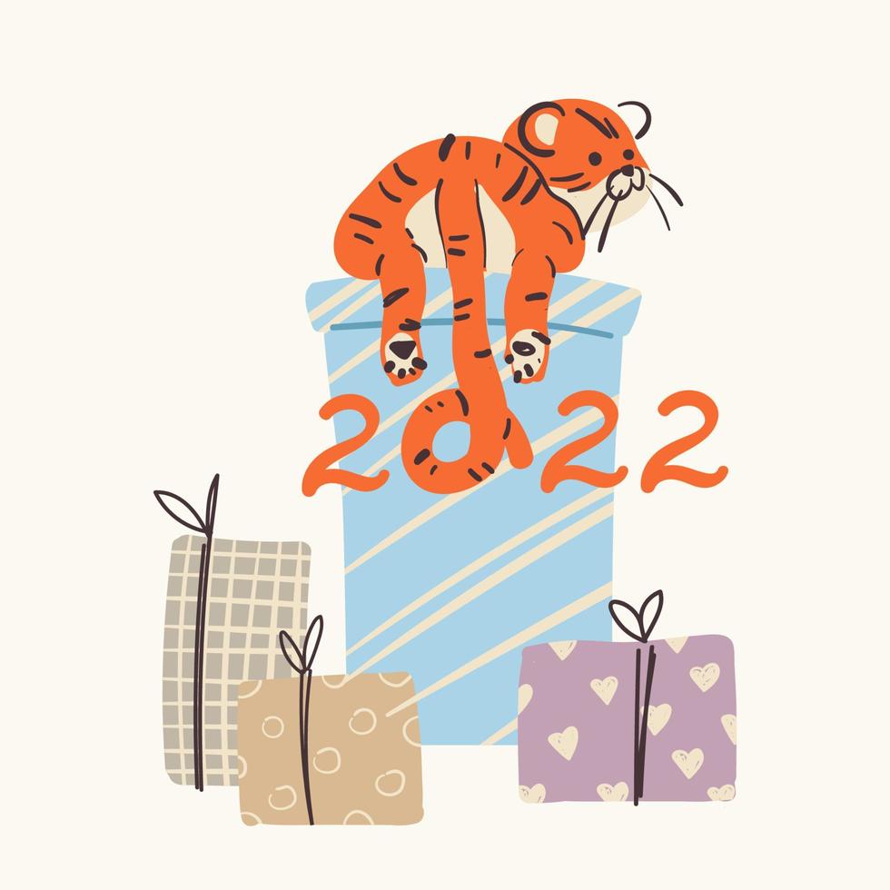 New Year's cute tiger with gifts. Hand drawn illustration for christmas vector