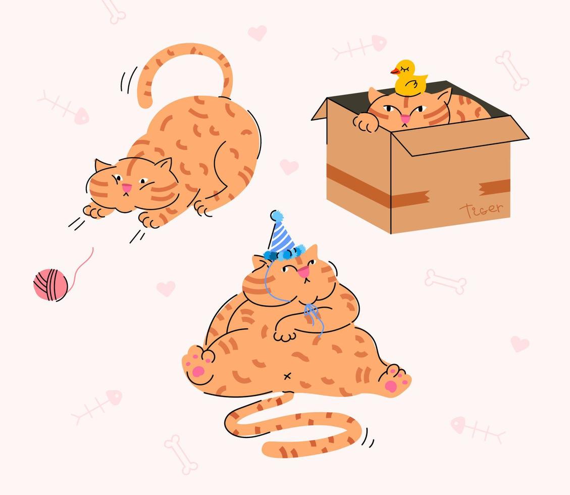 gracioso gato gordo rojo. vector dibujado a mano ilustración con diferentes poses acciones de un lindo gato