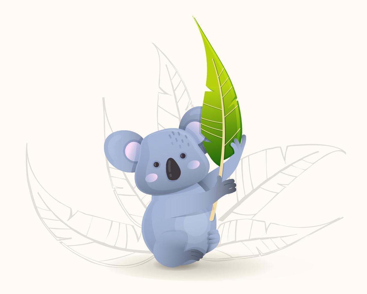 un lindo koala sosteniendo una hoja de eucalipto en sus patas. ilustración vectorial en estilo de dibujos animados. todos los objetos están aislados. vector