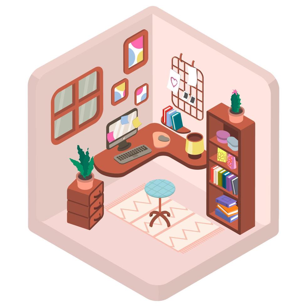 Vector isometric teenager room. Apartment interior with furniture and household items. All objects isolated