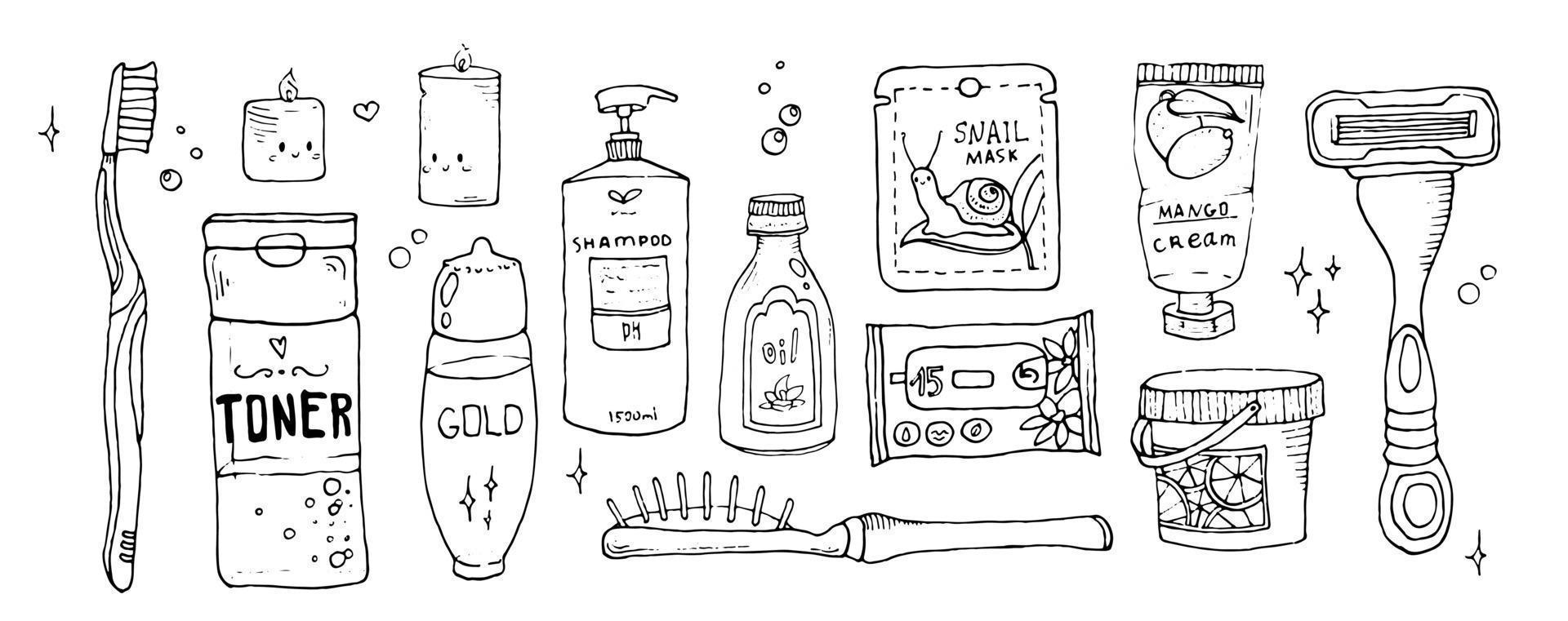Big set of objects for personal care. Hygiene, bath accessories and tools. Oral cavity, hair, body care. Hand drawn vector illustration in doodle style, all objects isolated