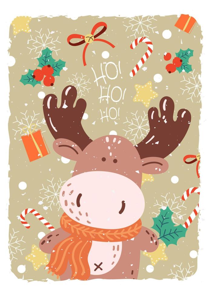 Christmas greeting card with cute deer. Funny colored card in cartoon style. Hand draw vector illustration