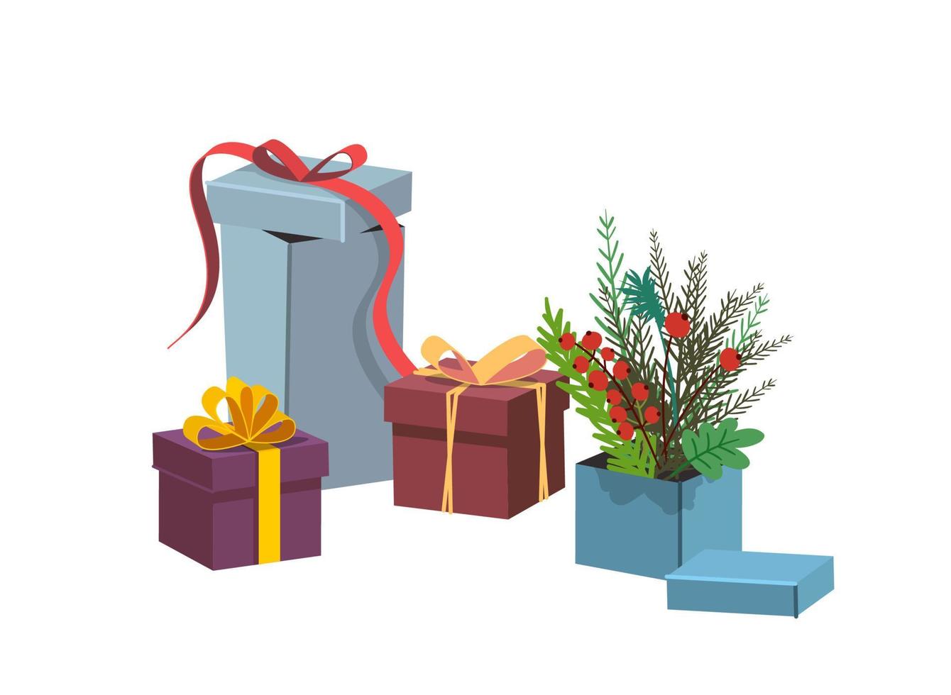 Christmas gift boxes. Hand draw vector illustration isolated on white background. All elements are isolated