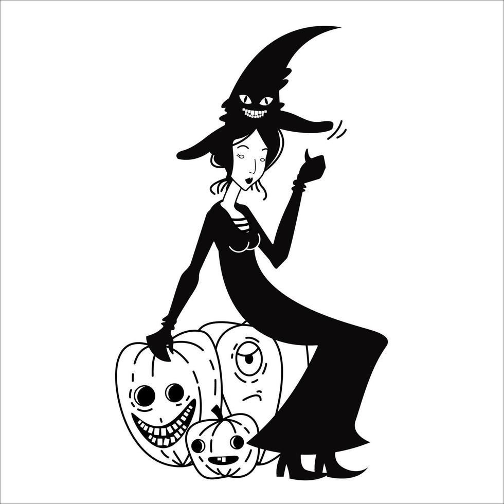Outline witch sitting on pumpkins. Black and white hand drawn doodle illustration vector