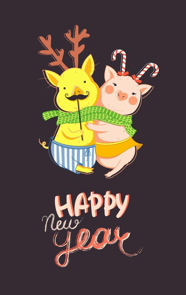 Happy new year greeting poster with cute pigs. Funny colored card in cartoon style. Hand drawn vector illustration on black background