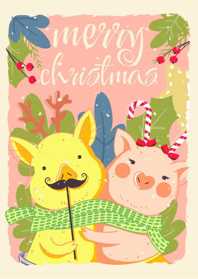Merry Christmas greeting card with cute pigs. Funny colored card in cartoon style. Hand draw vector illustration