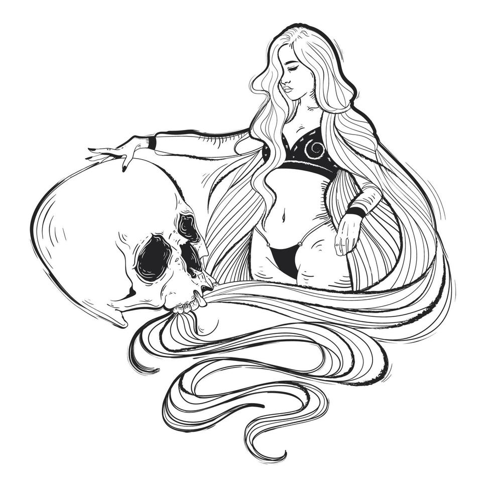 Girl with a skull. Outline hand drawn vector illustration