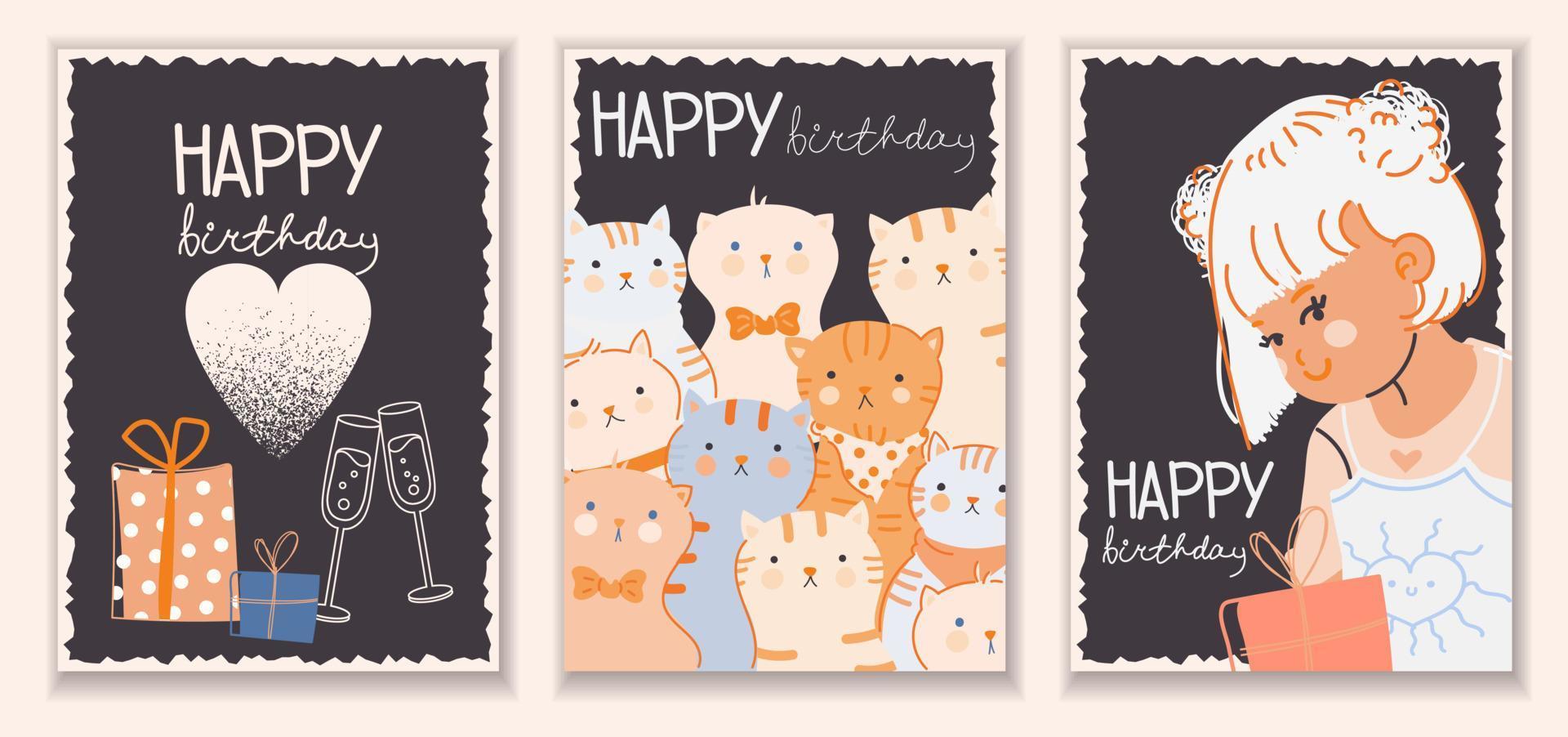 A set of stylish cards with funny cats, a cute girl and gifts. Happy birthday lettering. Greeting card in flat design with animals. Vector illustration. All objects are isolated