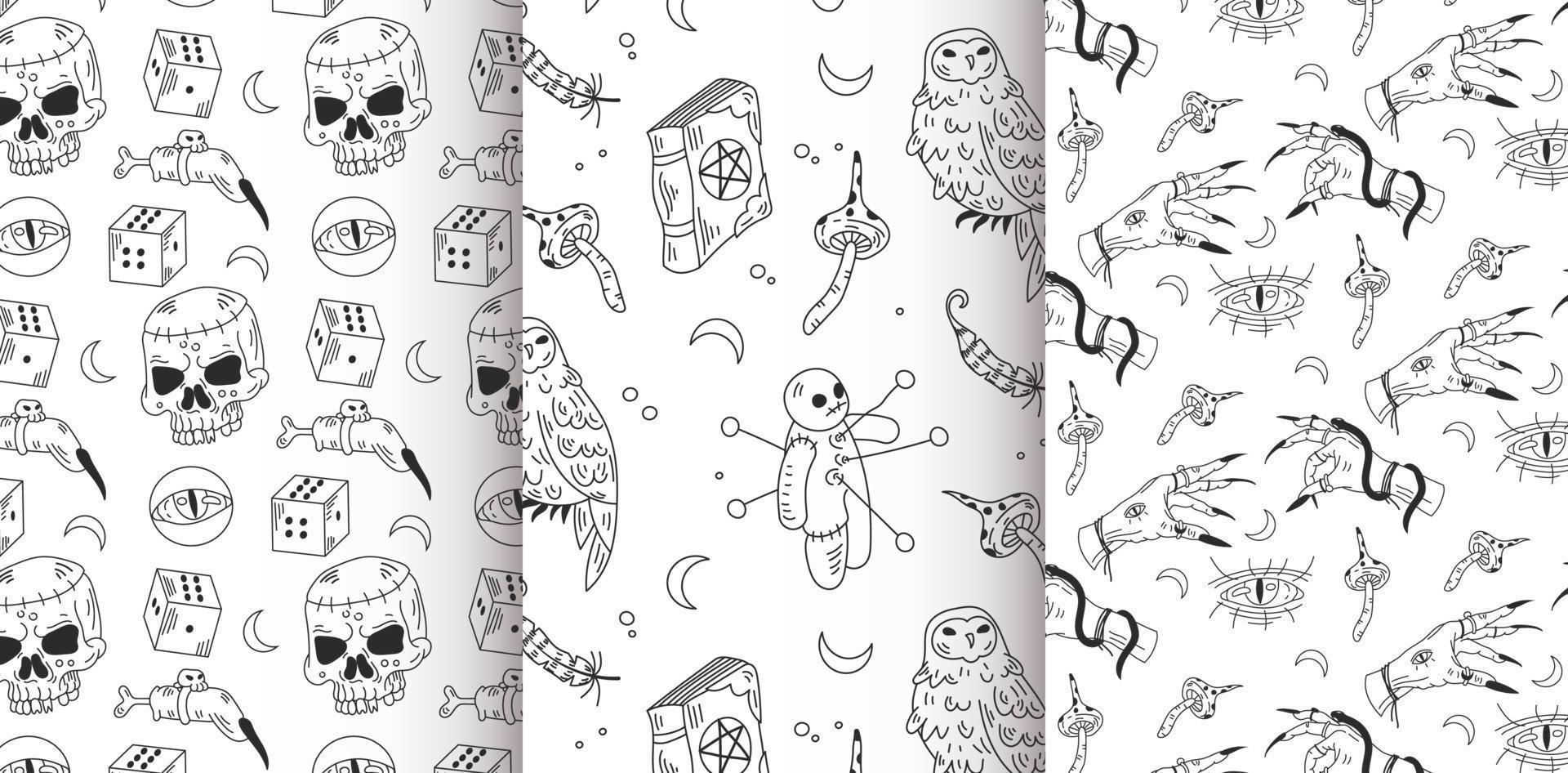 Hand draw doodle hallowen patterns on a white background. Vector line art