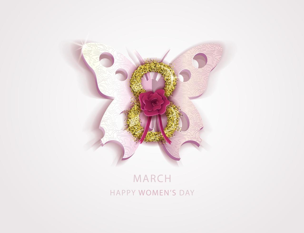 Happy womens day. Butterfly and shape number eight gold glitter. Vector illustration for greeting card, postcard, flyer, banner design. Delicate pastel colors. All objects are isolated