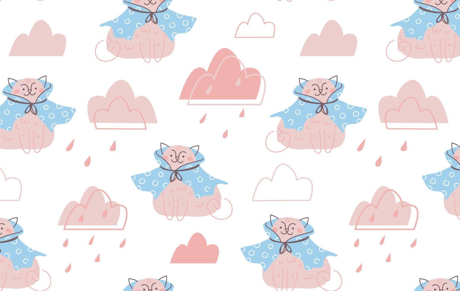 Seamless pattern with a cat in the rain. Hand draw doodle illustration vector