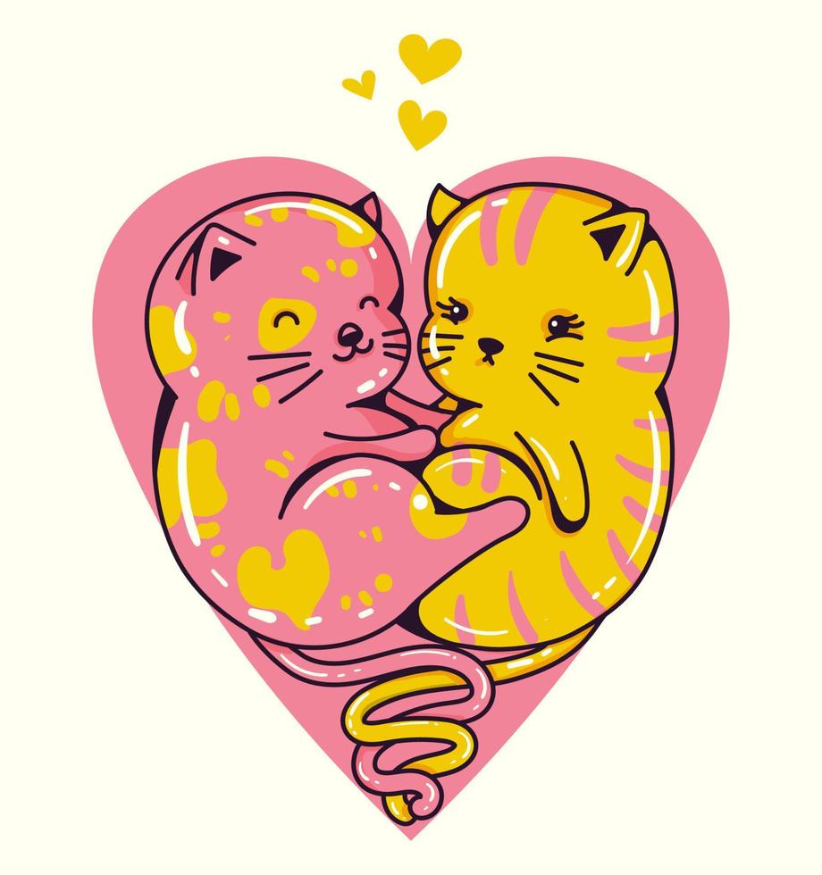 Heart shaped cute sticker with two kittens in love. Isolated vector illustration