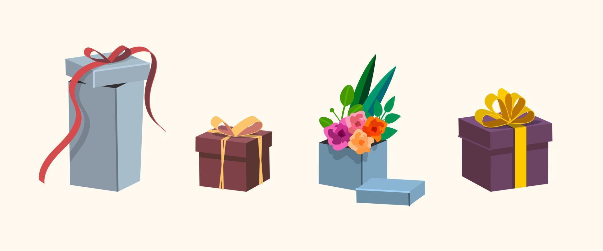 conjunto de caja de regalo colorida con cintas y flores. ilustración vectorial en estilo plano de tendencia. todos los objetos están aislados vector