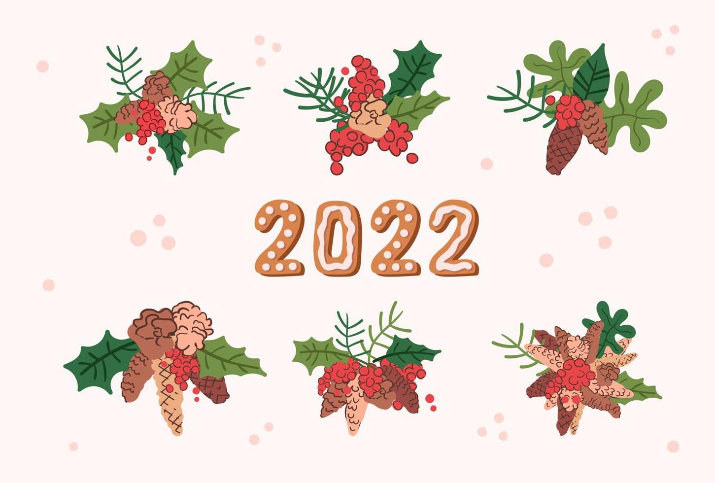 Decorating elements for new year and christmas. Cones, leaves and berries. Hand drawn illustration vector