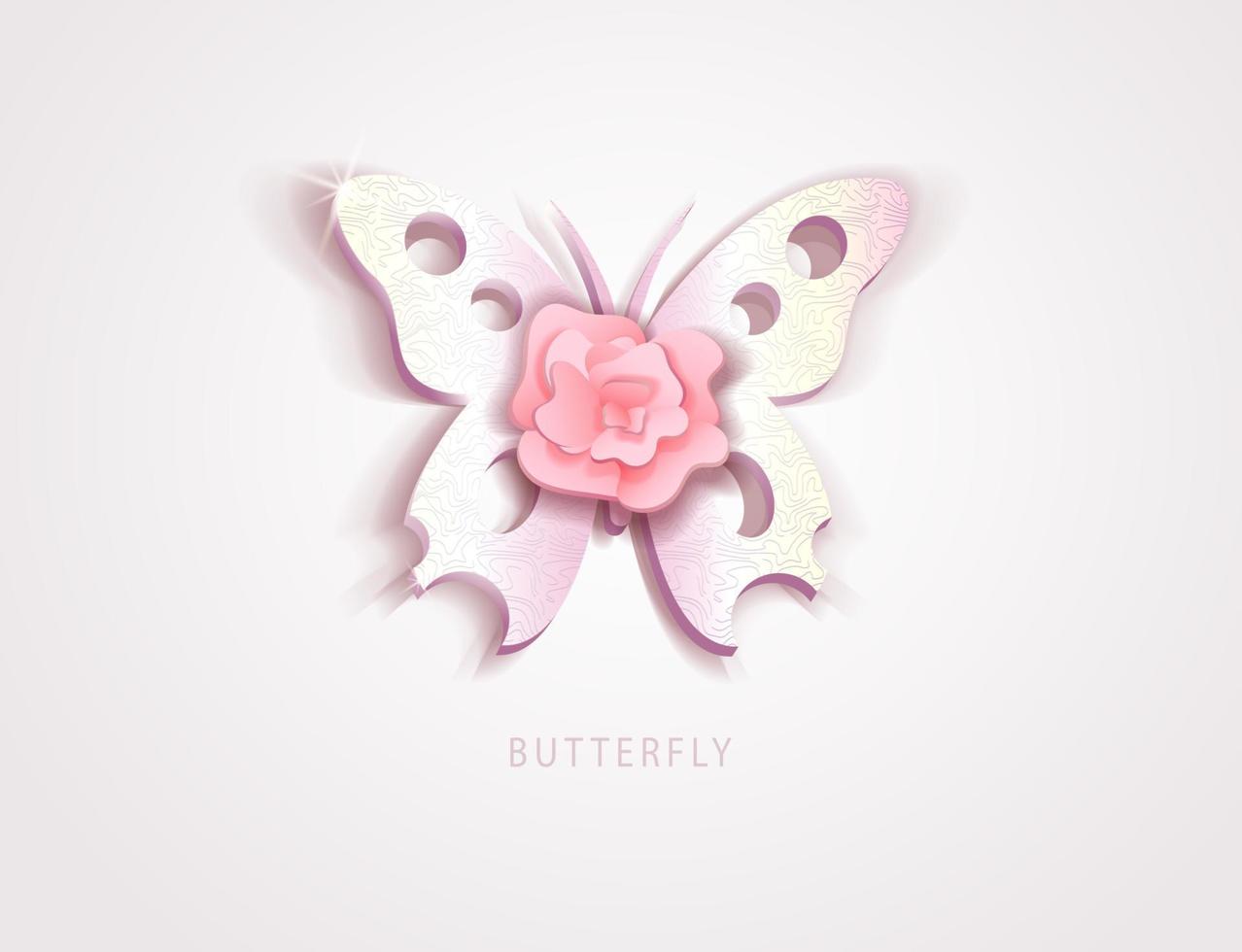 Butterfly icon with pink rose flower. Vector illustration for design cards, greeting postcard, flyer, banner. Gentle pastel colors. All objects are isolated