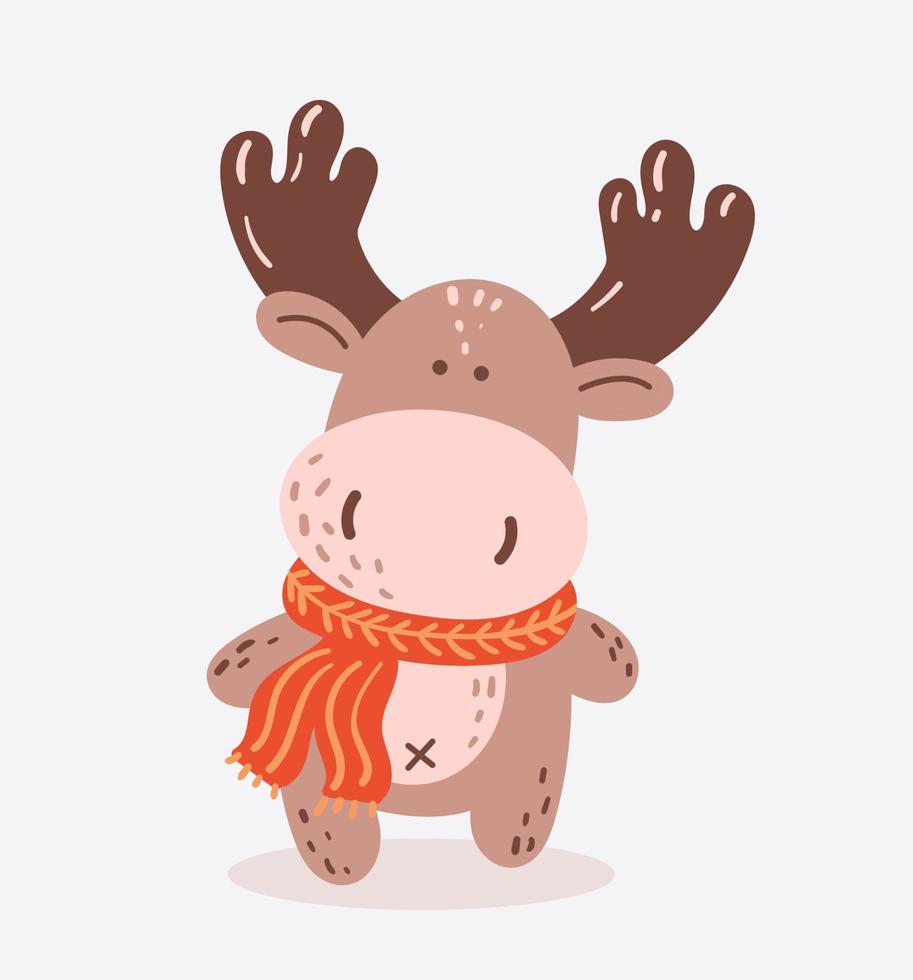 Hand drawn illustration of a cute little deer with a scarf in cartoon style. Vector on white background