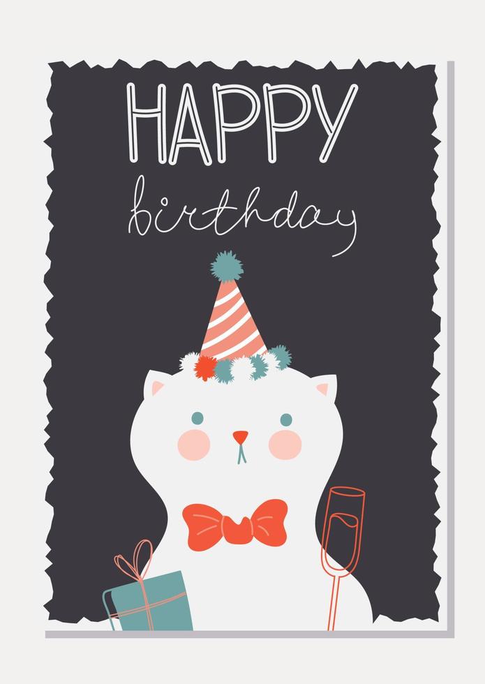 tarjeta elegante con un lindo gato en una gorra festiva con un regalo. letras de feliz cumpleaños. tarjeta de felicitación en diseño plano con animales. ilustración vectorial. todos los objetos están aislados vector