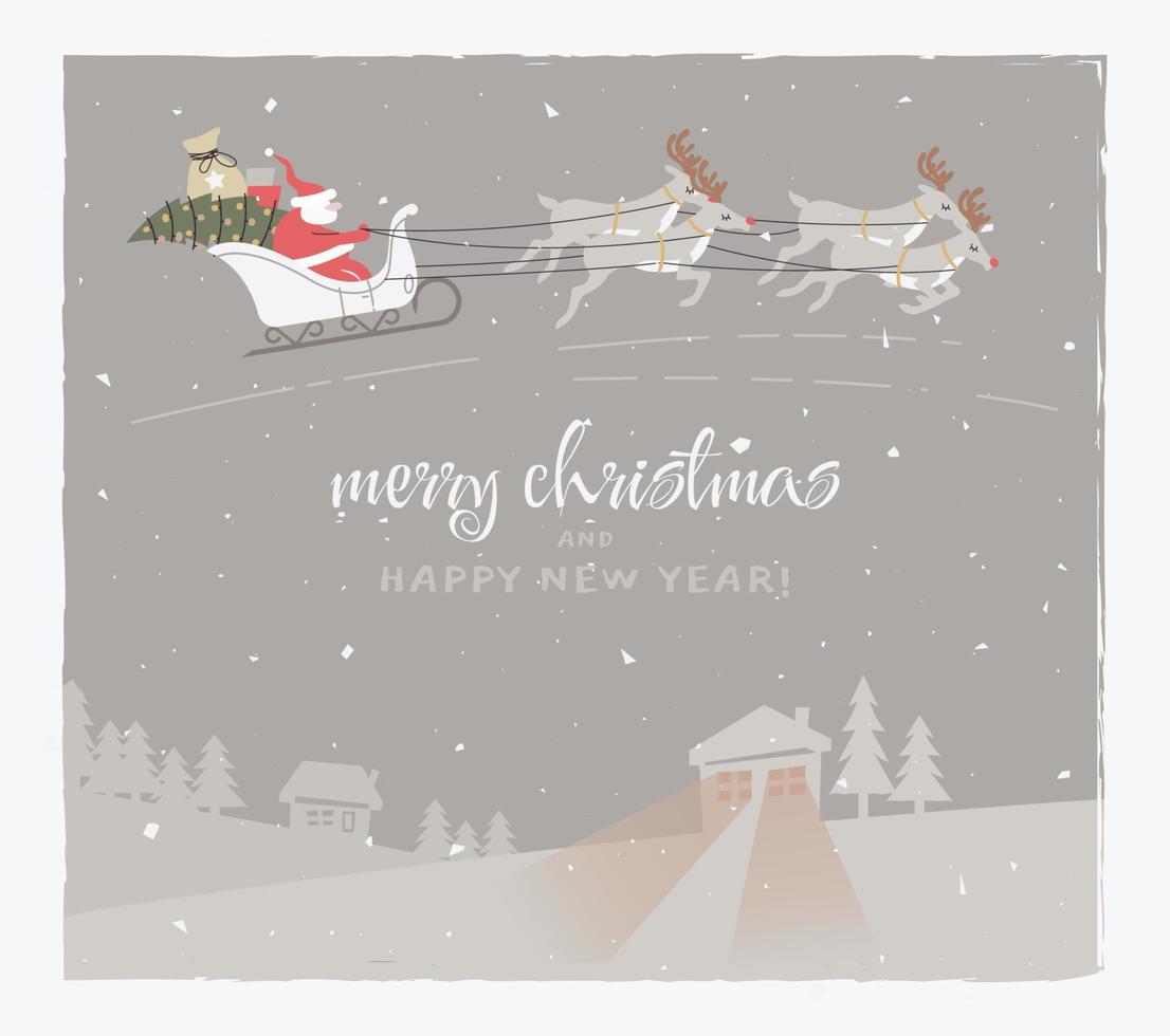 Merry christmas card with santa claus sleigh and reindeer flying in the sky above snow houses. Flat design greeting postcard. Vector hand drawn illustration