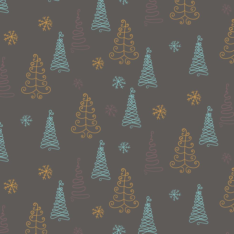 Dibujado a mano patrón de Navidad con abetos y copos de nieve. Año nuevo. Ilustración de doodle vector