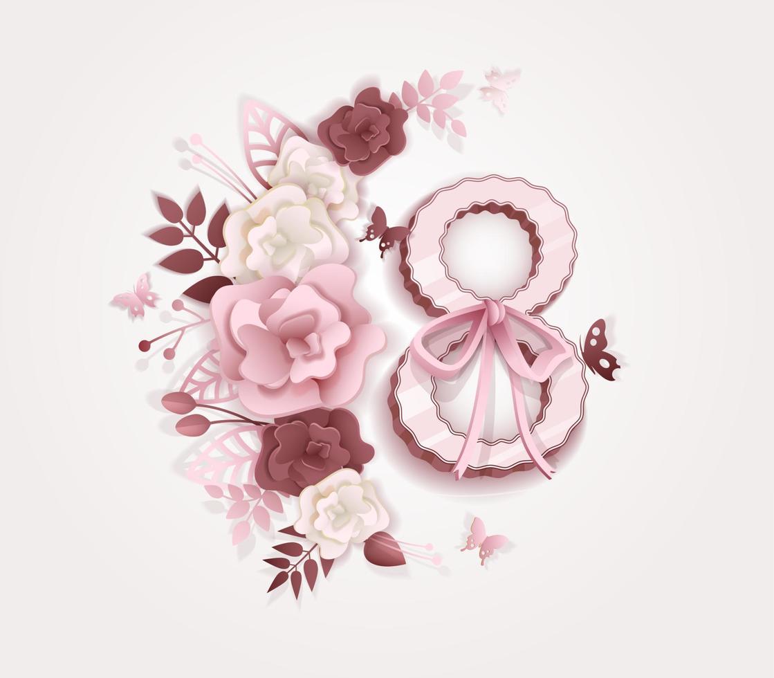 Greeting card, international womens day 8 march banner with floral decoration and number eight. Vector illustration in pink colors. All objects are isolated