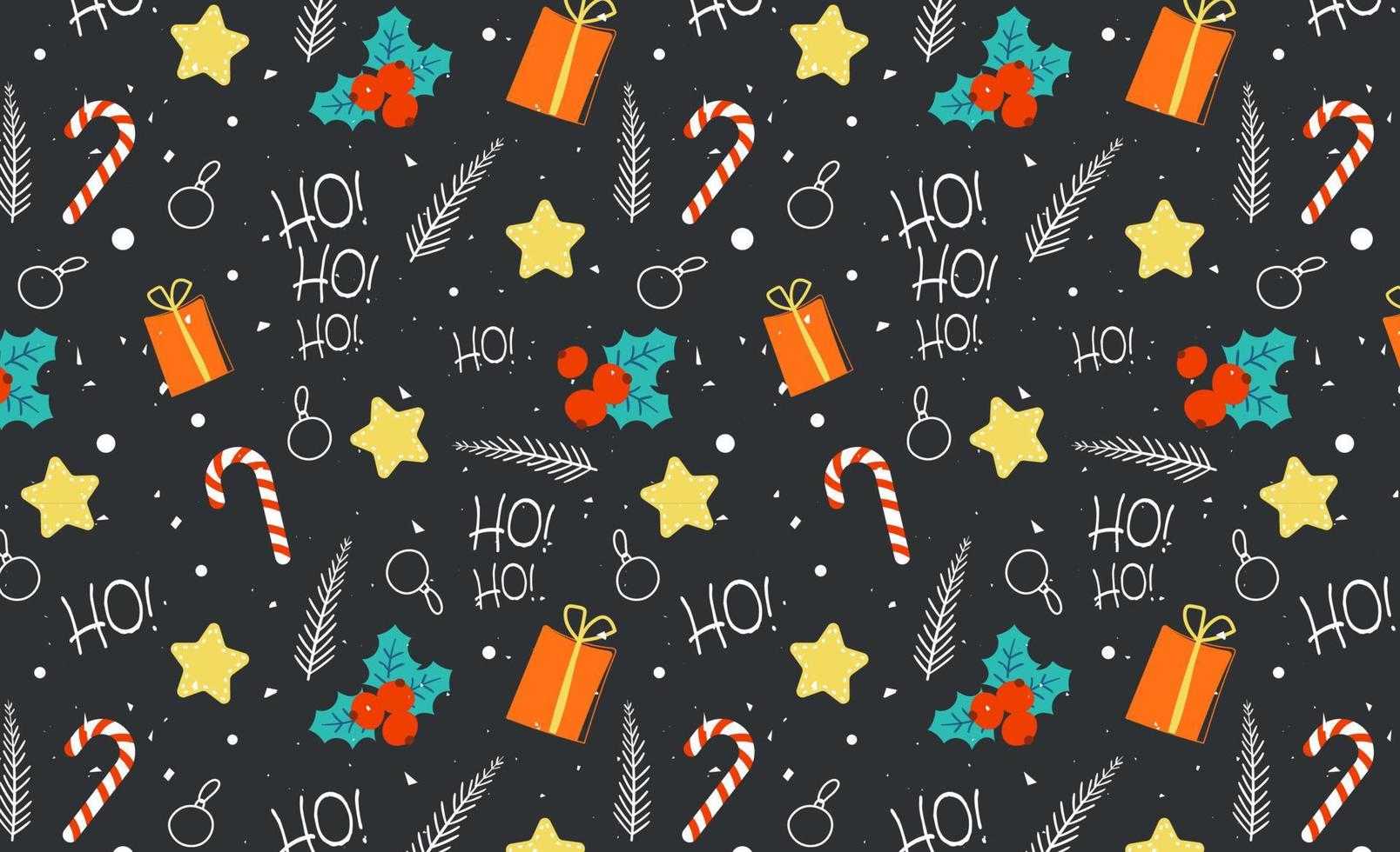 Colored seamless pattern with Christmas elements. Hand drawn vector illustration in cartoon style on black background