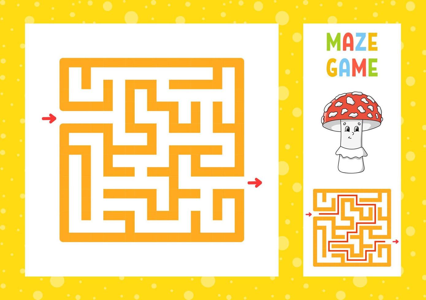 Square maze. Game for kids. Puzzle for children. Happy character. Labyrinth conundrum. Color vector illustration. Find the right path. With answer. Isolated vector illustration. Cartoon style.