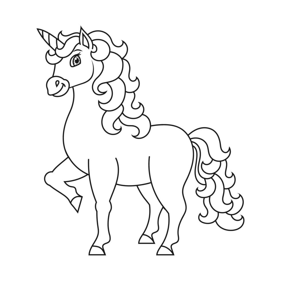 lindo unicornio. caballo de hadas mágico. página de libro para colorear para niños. estilo de dibujos animados. ilustración vectorial aislado sobre fondo blanco. vector