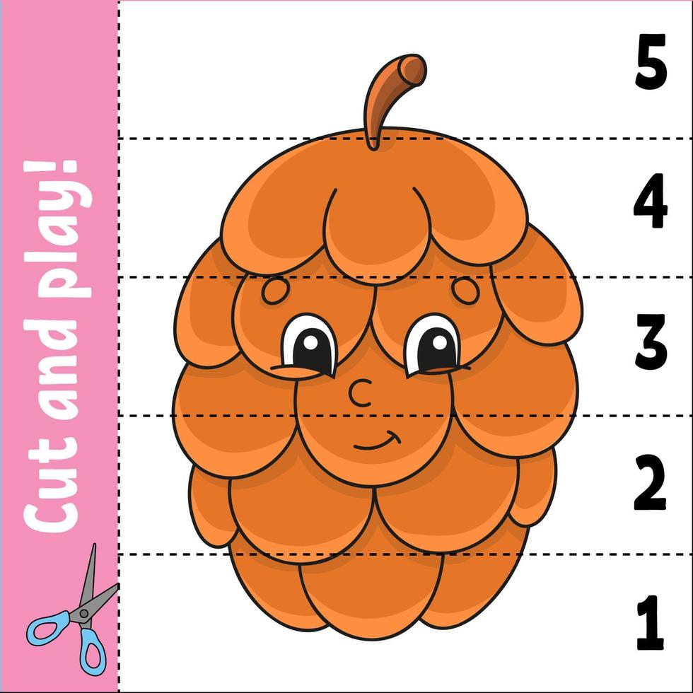 Learning numbers 1-5. Cut and play. Education worksheet. Game for kids. Color activity page. Puzzle for children. Riddle for preschool. Vector illustration. Cartoon style. Autumn theme.