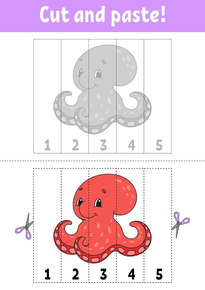 Learning numbers 1-5. Cut and glue. Cartoon character. Education developing worksheet. Game for kids. Activity page. Color isolated vector illustration.
