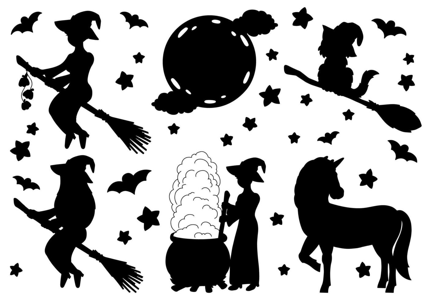 Witch on a broom, unicorn, cat, moon. Black silhouette. Design element. Vector illustration isolated on white background. Template for books, stickers, posters, cards, clothes. Halloween theme.