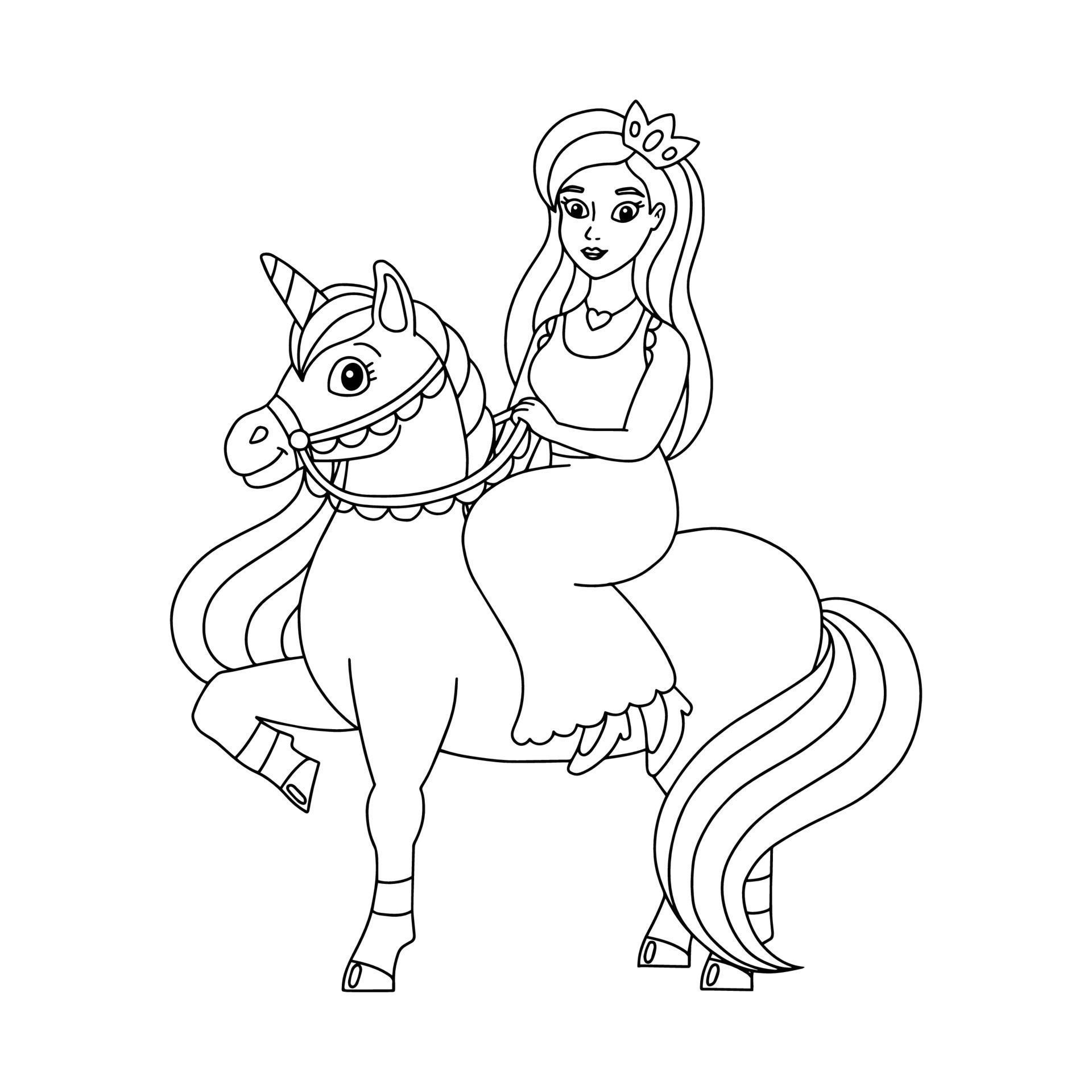 The princess is riding a unicorn. Coloring book page for kids ...