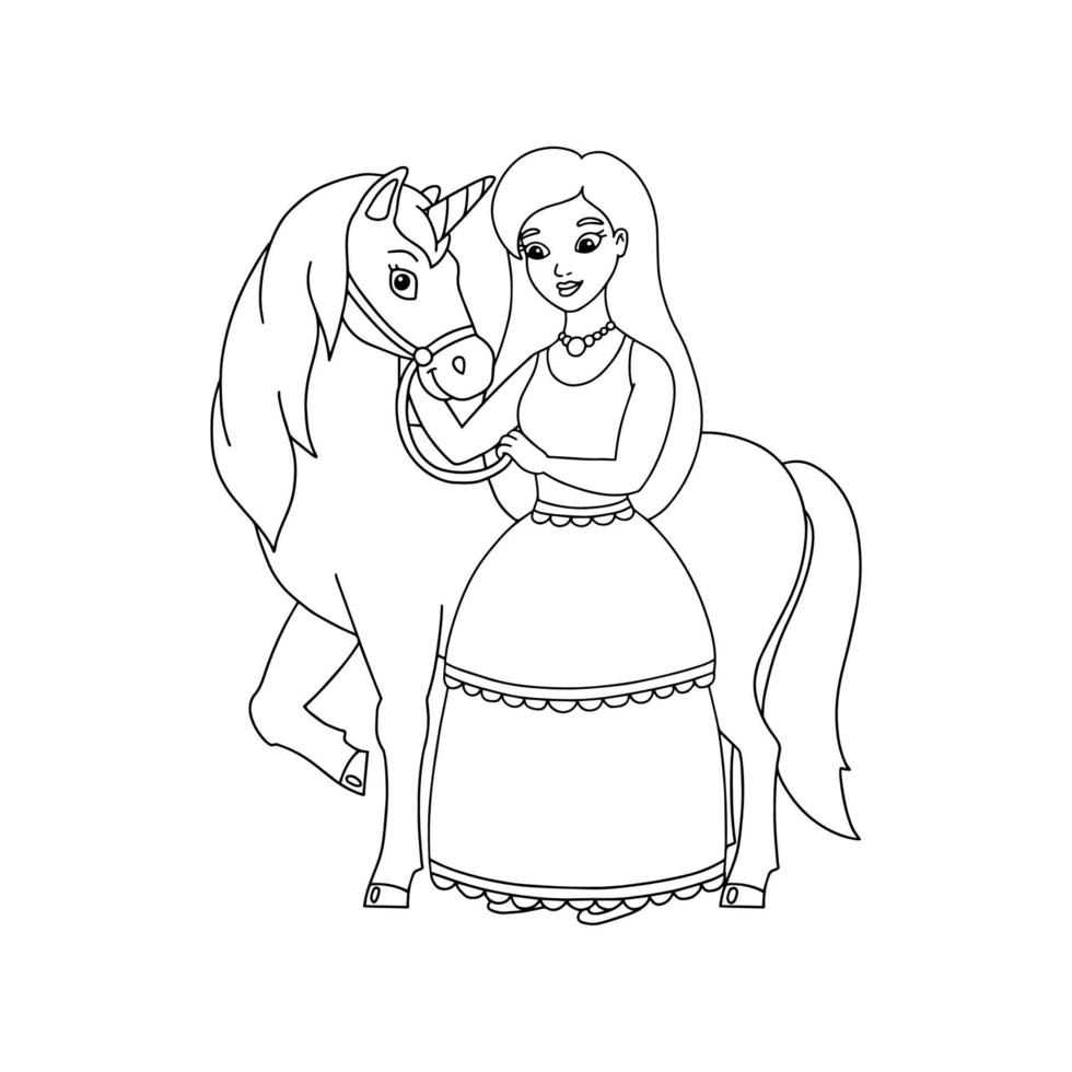 la princesa y el unicornio. página de libro para colorear para niños. personaje de estilo de dibujos animados. ilustración vectorial aislado sobre fondo blanco. vector