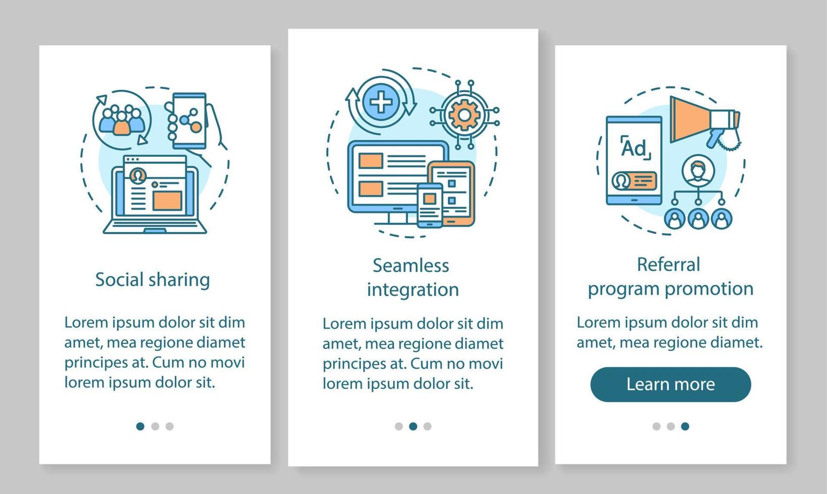 Referral program key items onboarding mobile app page screen vector template. Customer attraction, retention campaign. Website steps with linear illustrations. UX, UI, GUI smartphone interface concept