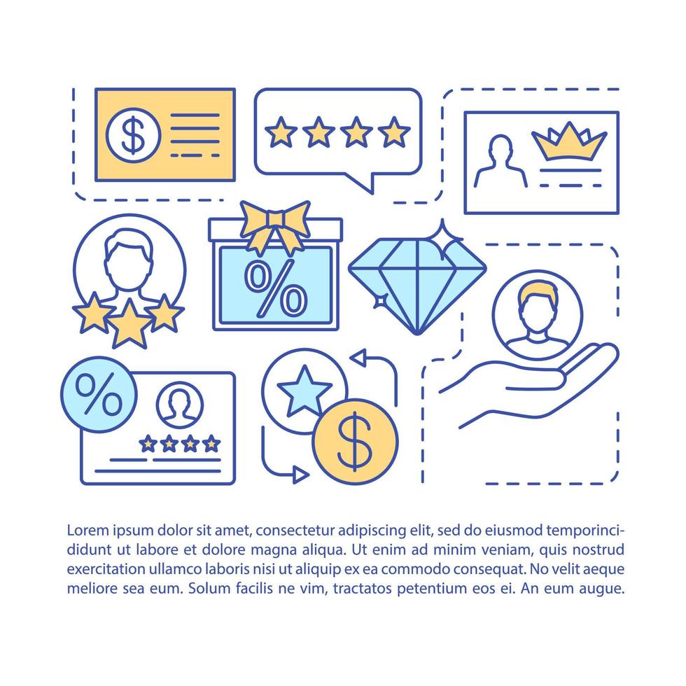 Referral marketing program article page vector template. Loyalty program. Brochure, magazine, booklet design element with linear icons and text boxes. Print design. Concept illustrations with text