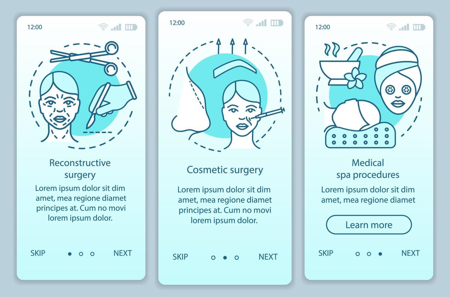 Cosmetic surgery center services onboarding mobile app page screen vector template