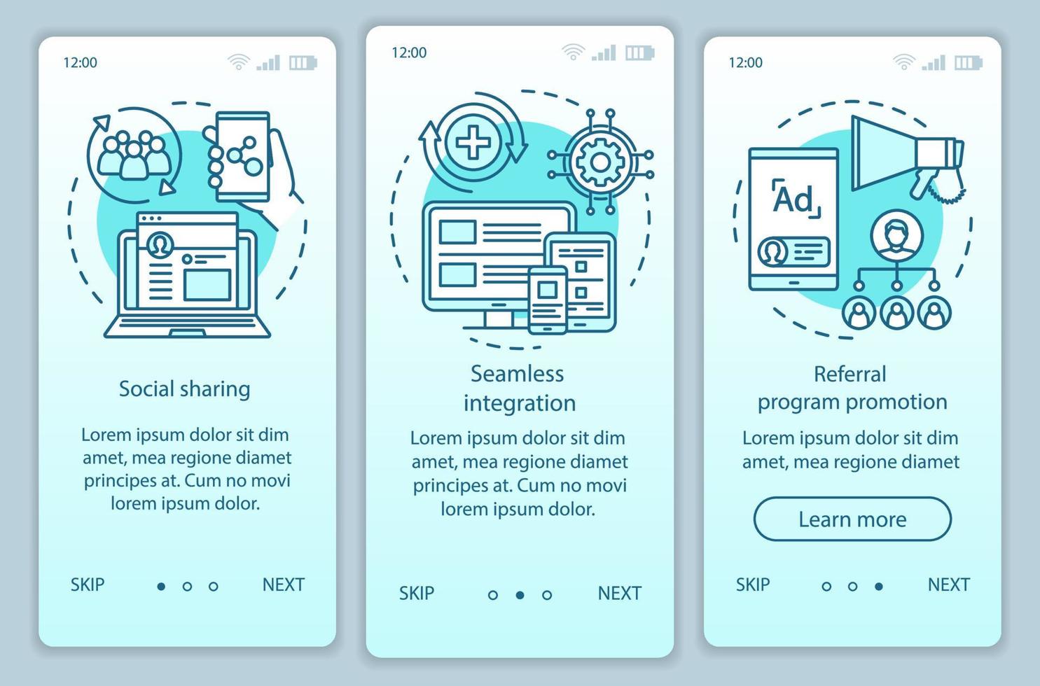 Elementos clave del programa de referencia que incorporan la pantalla de la página de la aplicación móvil con conceptos lineales. instrucciones gráficas de tres pasos paso a paso. atracción de clientes. ux, ui, plantilla de vector de interfaz gráfica de usuario con ilustraciones