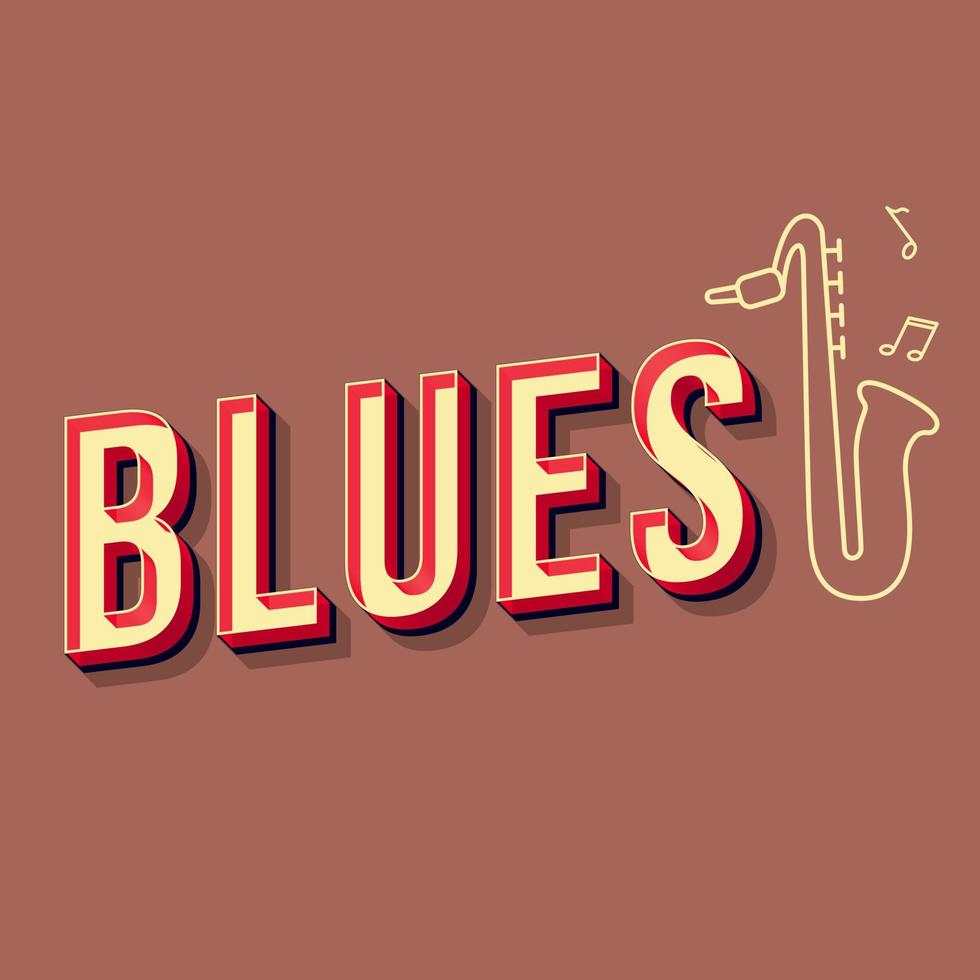 Blues vintage 3d vector lettering. Retro concert bold font, typeface. Pop art stylized text. Old school style letters. 90s, 80s poster, banner, t shirt typography design. Redwood color background
