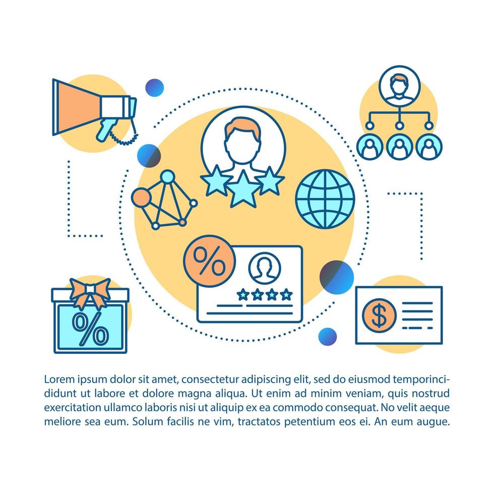 Referral marketing program article page vector template. Loyalty program. Brochure, magazine, booklet design element with linear icons and text boxes. Print design. Concept illustrations with text
