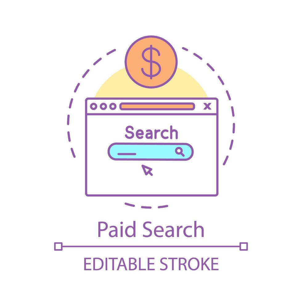 Paid search concept icon. Pay per click advertising, sponsored listing SEM idea thin line illustration. Digital marketing strategy vector isolated outline drawing. Editable stroke