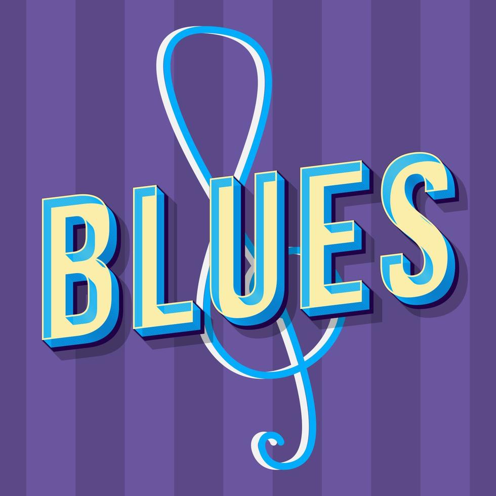 Blues vintage 3d vector lettering. Retro bold font, typeface. Pop art stylized text. Old school style letters. 90s, 80s poster, banner, t shirt typography design. Violet striped color background