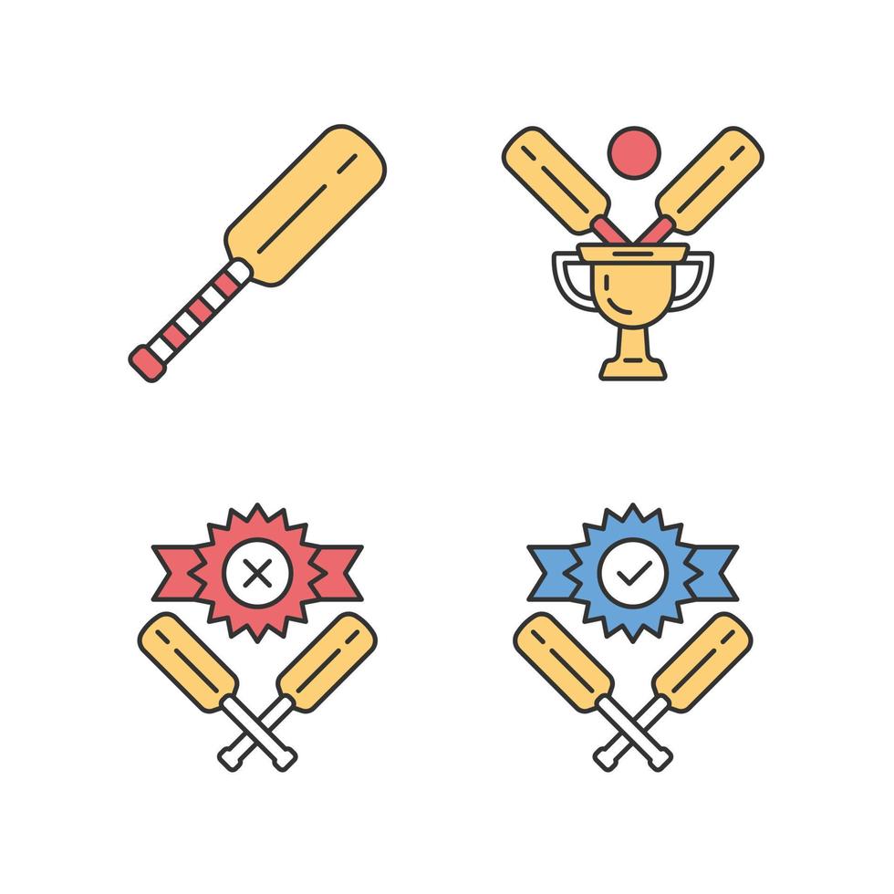 Cricket championship color icons set. Sport tournament. Bat, champion cup, win, defeat. Club battle. League competition. Sport contest. Bat and ball team game. Isolated vector illustrations